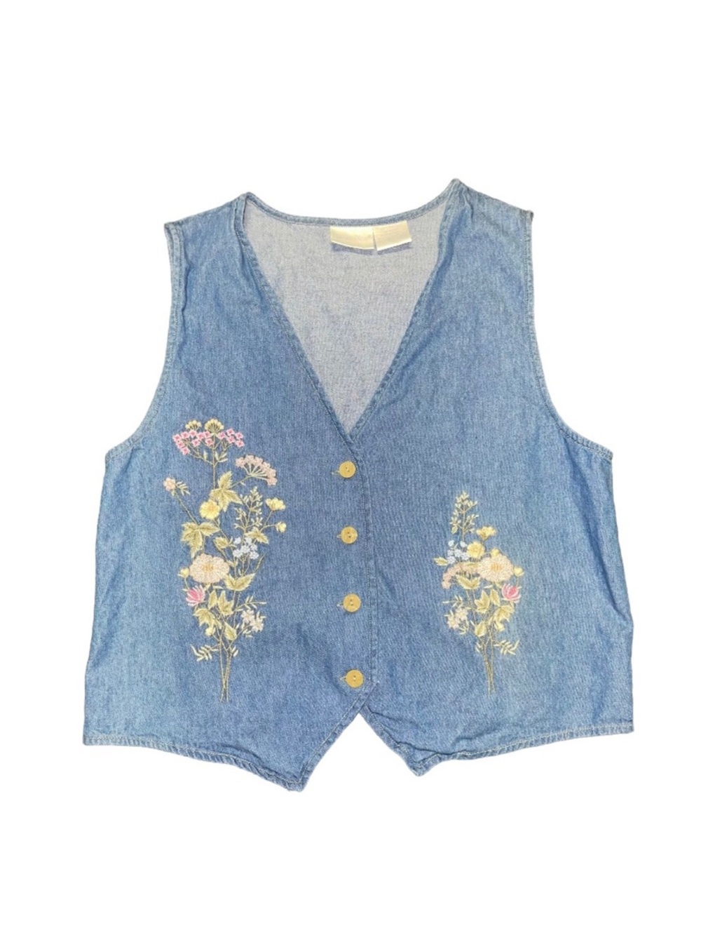 Vintage Denim Button Front Vest with Floral Embroidery - Blue